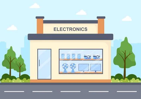 Electronics Store Building that Sells Computers, TV, Cellphones and Buying Ho Stock Illustration