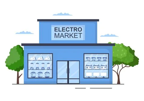 Electronics Store Building that Sells Computers, TV, Cellphones and Buying Ho Stock Illustration
