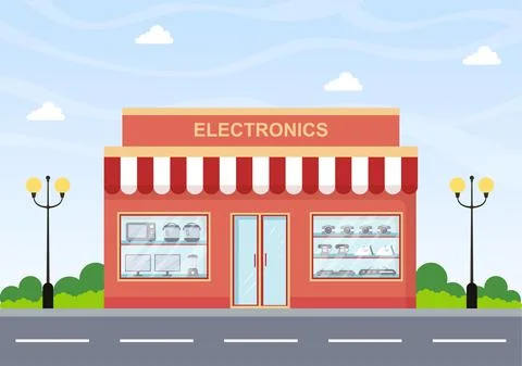Electronics Store Building that Sells Computers, TV, Cellphones and Buying Ho Illustrazione stock
