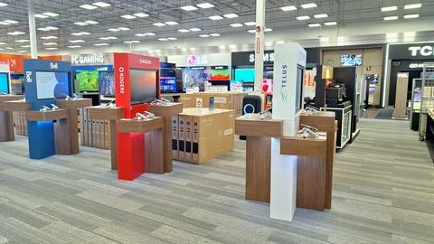 Electronics store displays feature telecommunications brand kiosks. Photos