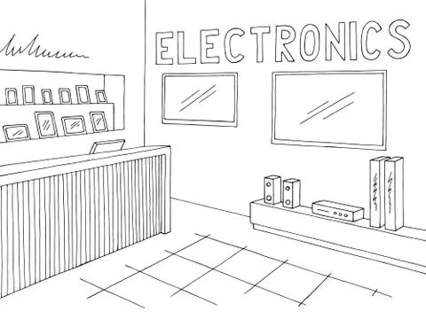 Electronics store interior graphic black white sketch illustration vector Illustrazione stock
