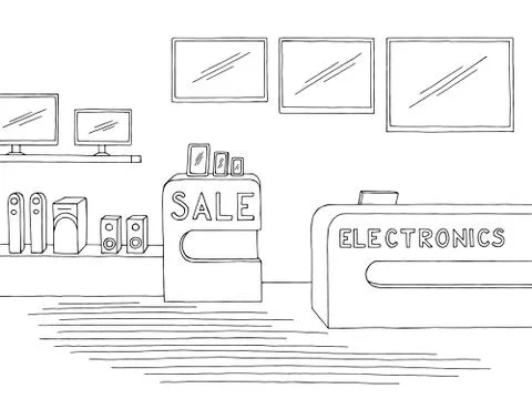 Electronics store interior graphic black white sketch illustration vector Stock Illustration