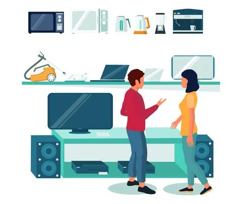 Electronics store interior with home appliances, computers, mobile phones on Stock Illustration