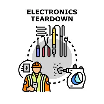 Electronics teardown process with technician showing repair tools Stock Illustration