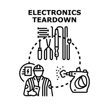 Electronics teardown process with technician showing repair tools Stock Illustration