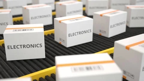 ELECTRONICS text on white cartons moving along the conveyor. Seamless loopable Stock Footage 203781241