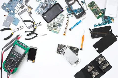 Electronics tools and gadgets spread on white surface Stock Photos