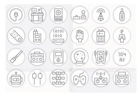 Electronics Visual Pack containing 24 Thin Line Grid Fitted Vector Icons Stock Illustration