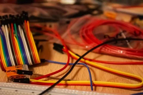 Electronics wires and breadboard on a desk Photos