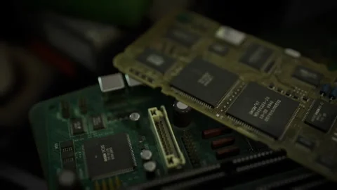 Electronics work scene. Detailed shot of PCB with connectors and chips Video stock 340351626
