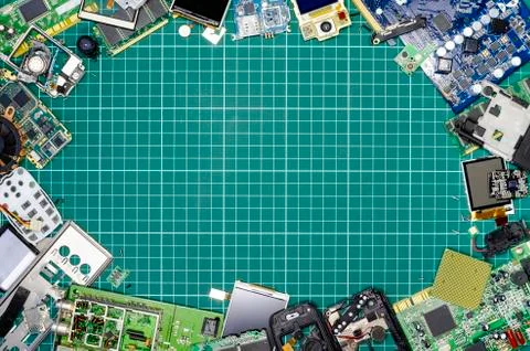 Electronics worker workplace, top view with disassembled electronics components Stock Photos