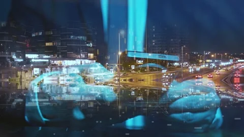 Electrons are moving in an AI chip against the background of a highway in a Video stock 278318506