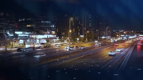 Electrons move in an AI chip against the backdrop of a highway in a city at Video stock 278318482