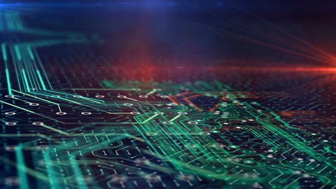 Electrons move in microchip circuit, digital electric computer gadget scheme Stock Footage 115172879