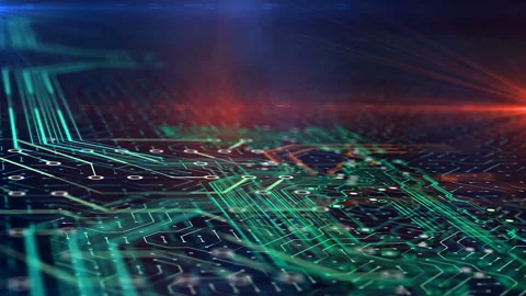 Electrons move in microchip circuit, digital electric computer gadget scheme Video stock 115180383