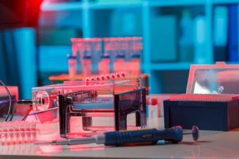 Electrophoresis device in a genetics lab to decrypt the genetic code Foto stock