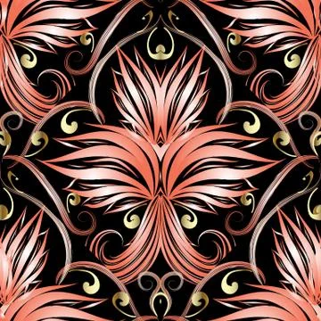 Elegance 3d flowers Damask vector seamless pattern. Illustrazione stock