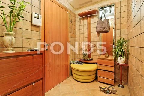 Elegance anteroom interior in warm tones with hallstand Stock Photos