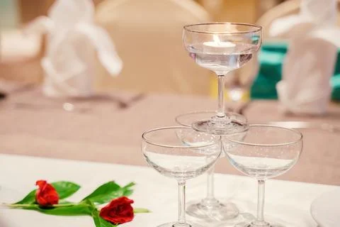 Elegance of glasses on table set up for dinning room Stock Photos