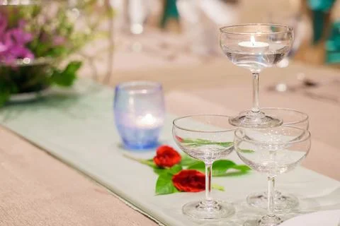Elegance of glasses on table set up for dinning room Stock Photos