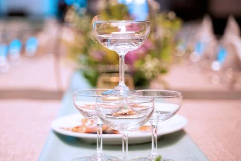 Elegance of glasses on table set up for dinning room Stock Photos