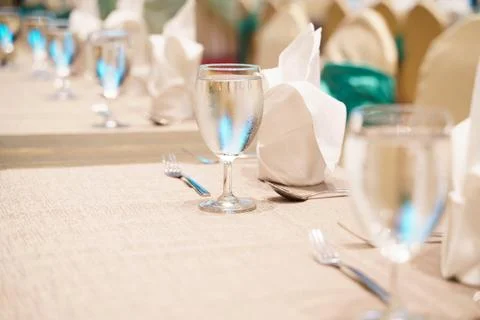 Elegance of glasses on table set up for dinning room Stock Photos