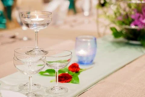 Elegance of glasses on table set up for dinning room Stock Photos