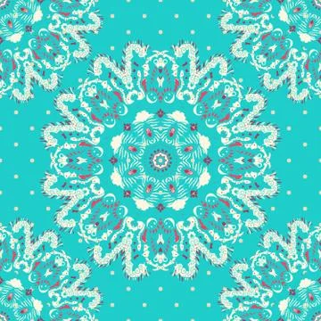 Elegance lace pattern on a blue background with polka dots. Circle ornament, Illustrazione stock