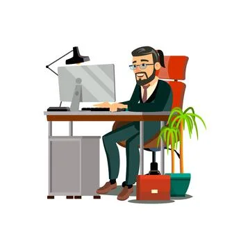 Elegance man late working at computer desk cartoon vector Stock Illustration