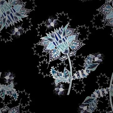 Elegance seamless pattern with ethnic flowers on blue, black and white colors. V Stock Illustration