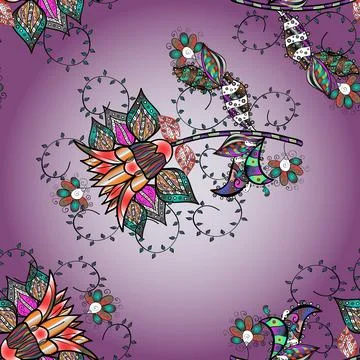 Elegance seamless pattern with ethnic flowers on black, neutral and purple color Stock Illustration