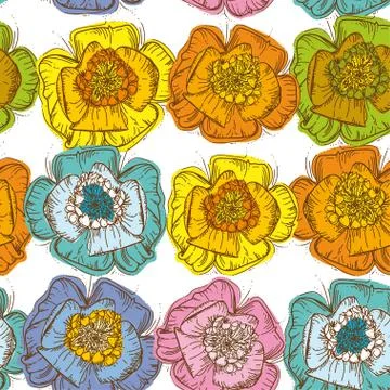 Elegance seamless pattern orange, blue, yellow, pink, green flowers with a br Stock Illustration