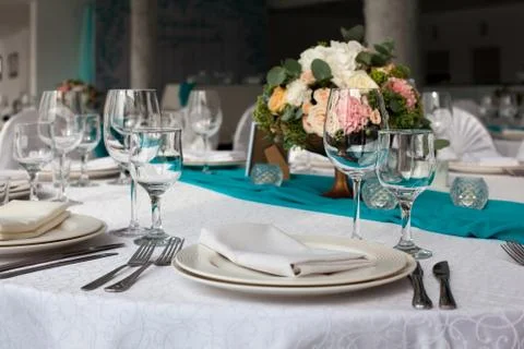 Elegance table set up for wedding in turquoise Stock Photos