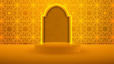 An elegant 3D orange podium in front of a glowing Islamic archway with an i.. Stock Illustration