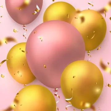 Elegant 3D realistic rose golden pink ballon and party popper ribbon Happy Bi Stock Illustration