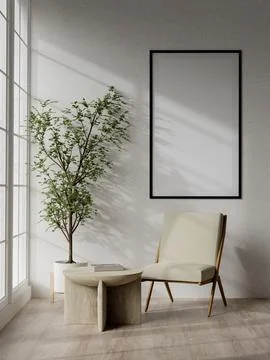 Elegant 3D Render of Minimalist Interior with Empty Frame, Modern Chair, and Stockillustratie