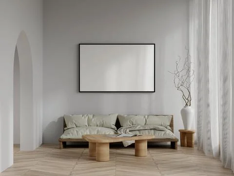 Elegant 3D Render of Modern Minimalist Living Room Interior with Blank Frame on Stock Illustration