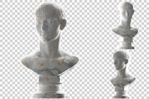 Elegant 3D render of Young Man with Short Hair statue in white marble and gol Illustrazione stock
