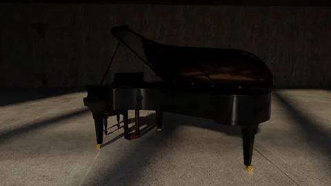 An elegant 3D-rendered black grand piano stands majestically in a dimly lit Stock Footage 332878286