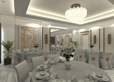 Elegant 3D restaurant dining space interior showcasing dining tables and chairs Illustrazione stock