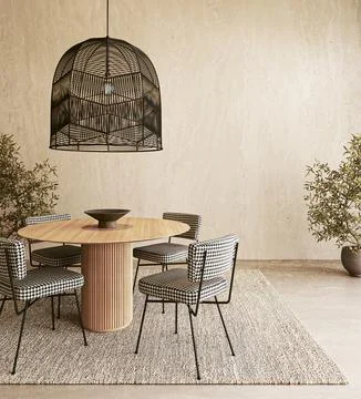Elegant and modern dining space featuring stylish furniture alongside tasteful Stock Illustration