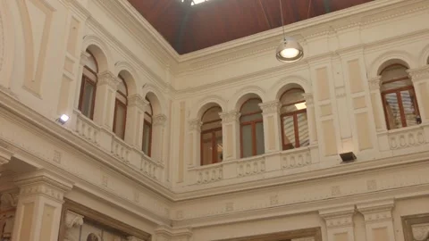 Elegant Arched Windows and Skylight in Historic Genoa Train Station Interior Stock Footage 334559799