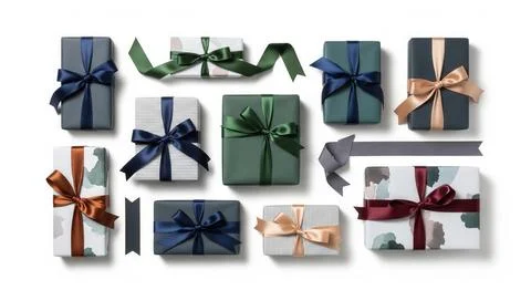 Elegant assortment of wrapped gift boxes in coordinated colors with satin Stock Illustration