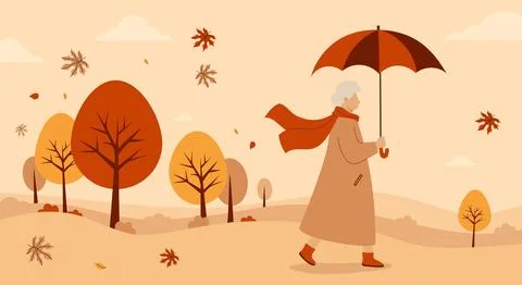Elegant Autumn Elderly gray-haired woman walking with umbrella in fall park.. Stock Illustration