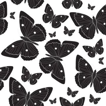 Elegant black butterfly seamless pattern sketch. Black and white butterfly .. Illustrazione stock