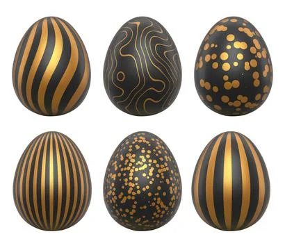 Elegant black eggs with gold patterns, isolated on white transparent backgr.. Stock Illustration