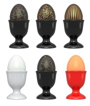 Elegant black eggs with gold patterns in glossy black egg cups, isolated on Stockillustratie