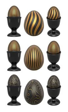 Elegant black eggs with gold patterns in glossy black egg cups, isolated on Stockillustratie