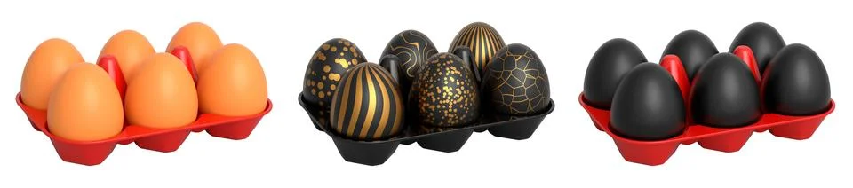 Elegant black eggs with gold patterns in trays, isolated on white transparent Stock Illustration