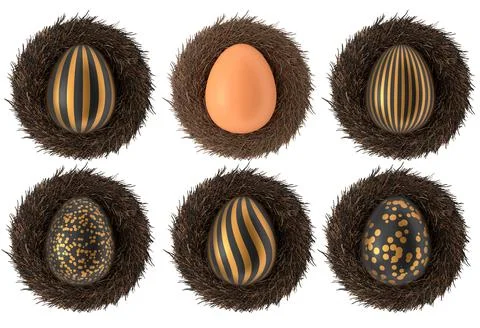 Elegant black eggs with gold patterns in bird nests, isolated on white transp Stock Illustration